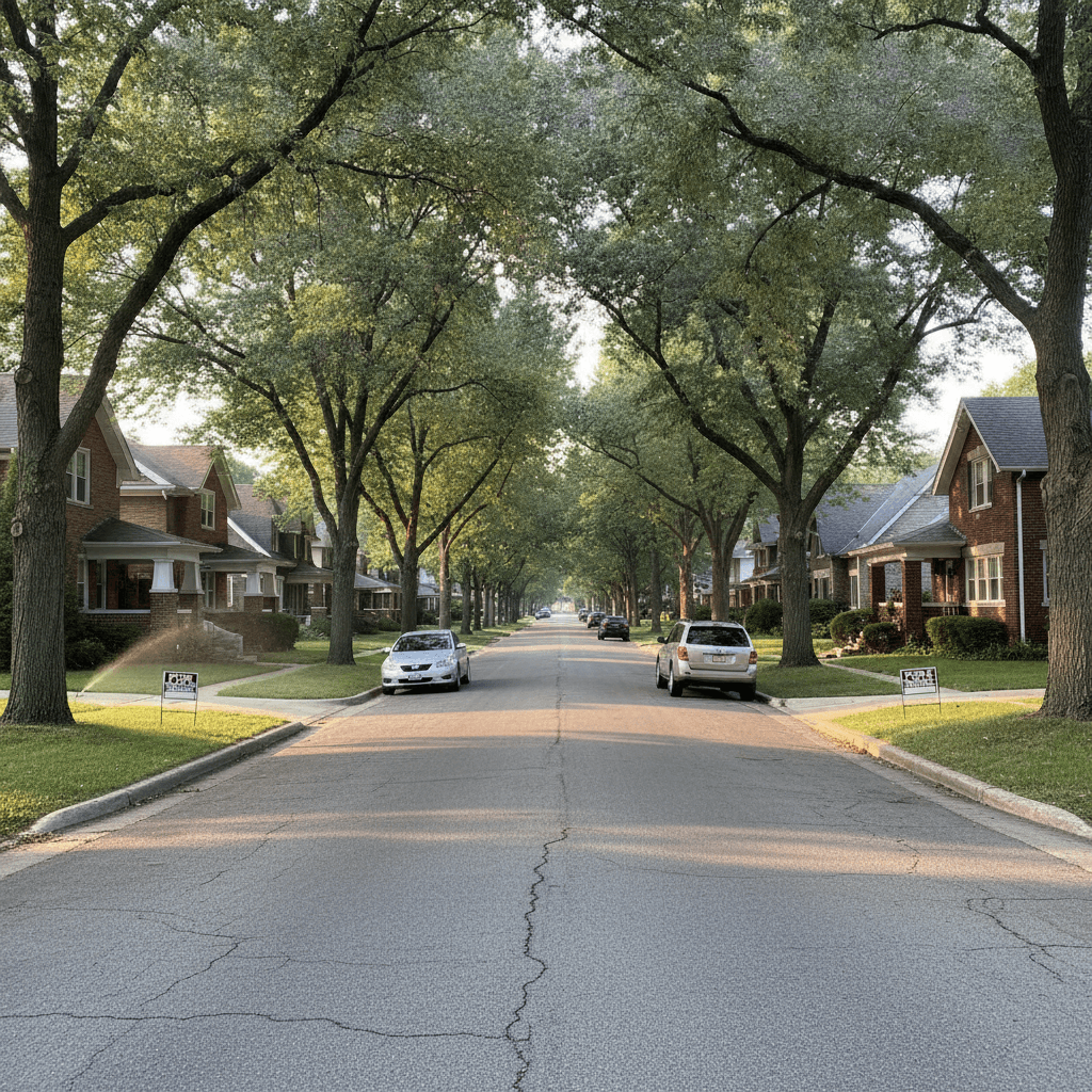 A realistic photo of a residential street in Indianapolis, Indiana, with a mix of single-family homes, some with 'For…