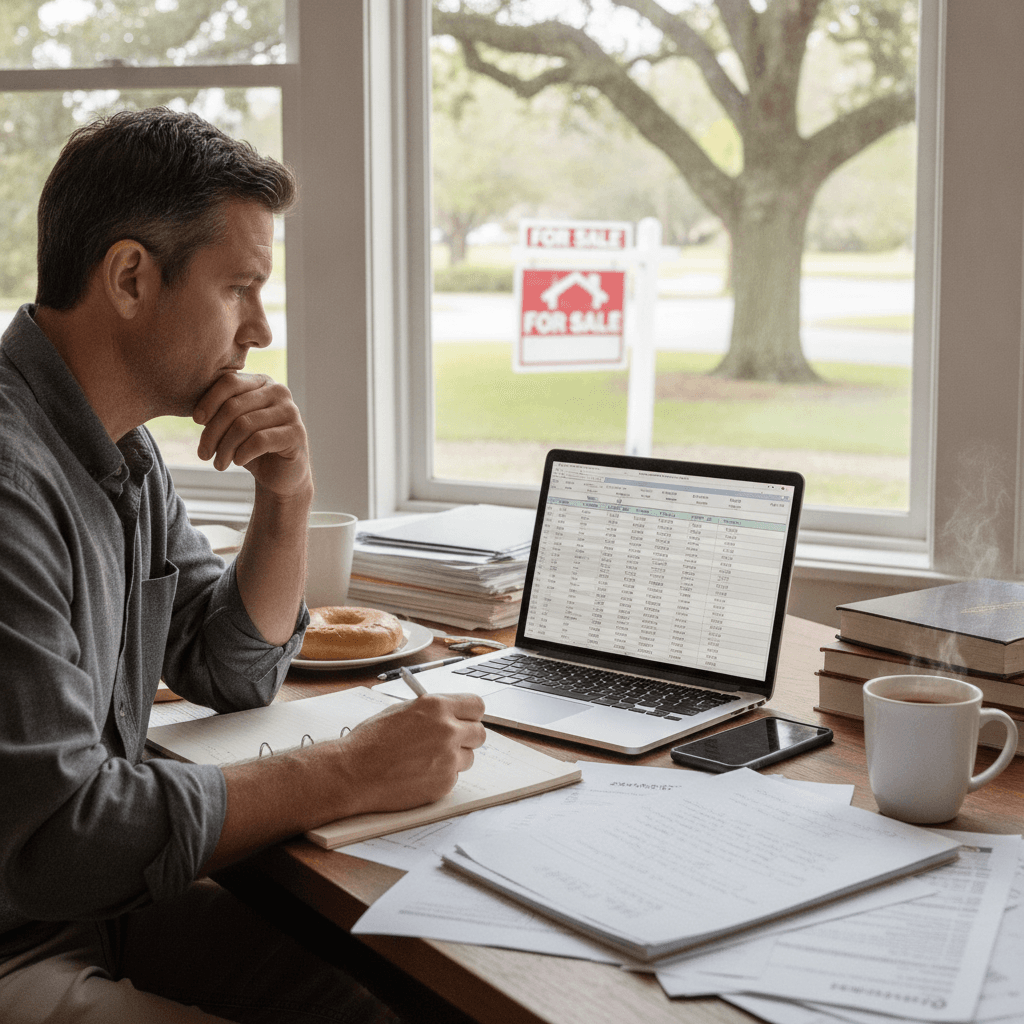 A real estate investor sitting at a cluttered desk with a laptop, notepad, and phone, looking thoughtfully at a sprea…