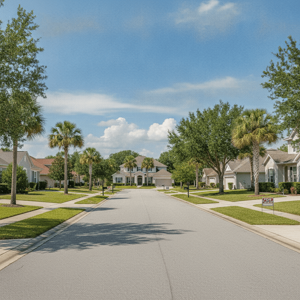 A residential street in Jacksonville, Florida, with a mix of single-family homes and a few 'For Sale' signs in front…