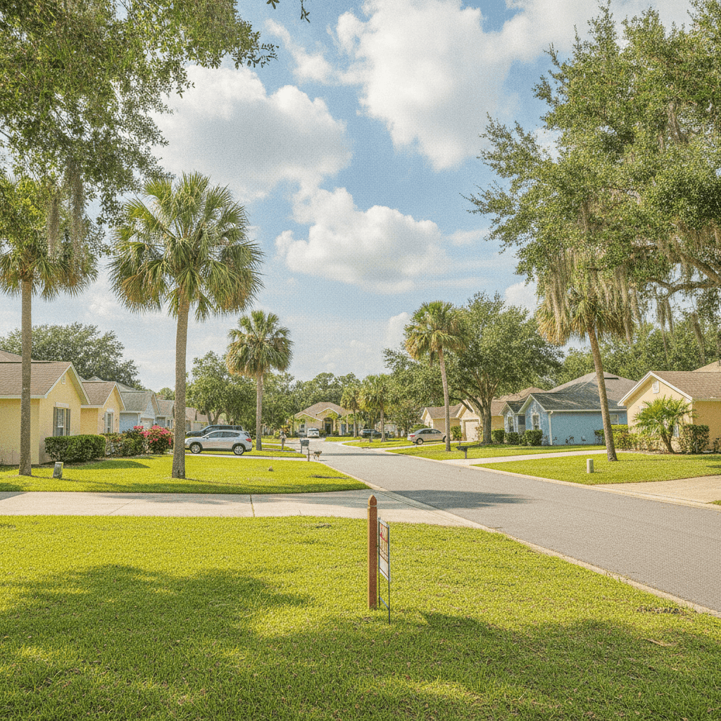 A wide-angle photo of a residential street in Jacksonville, Florida, with a mix of single-family homes and palm trees…