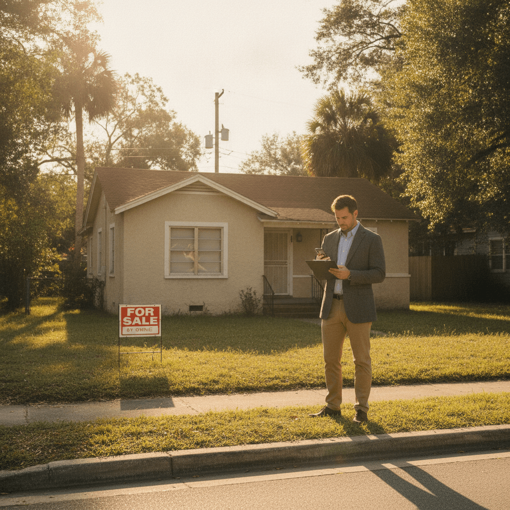 A real estate investor standing on the sidewalk in front of a modest single-story Jacksonville, Florida home with a '…