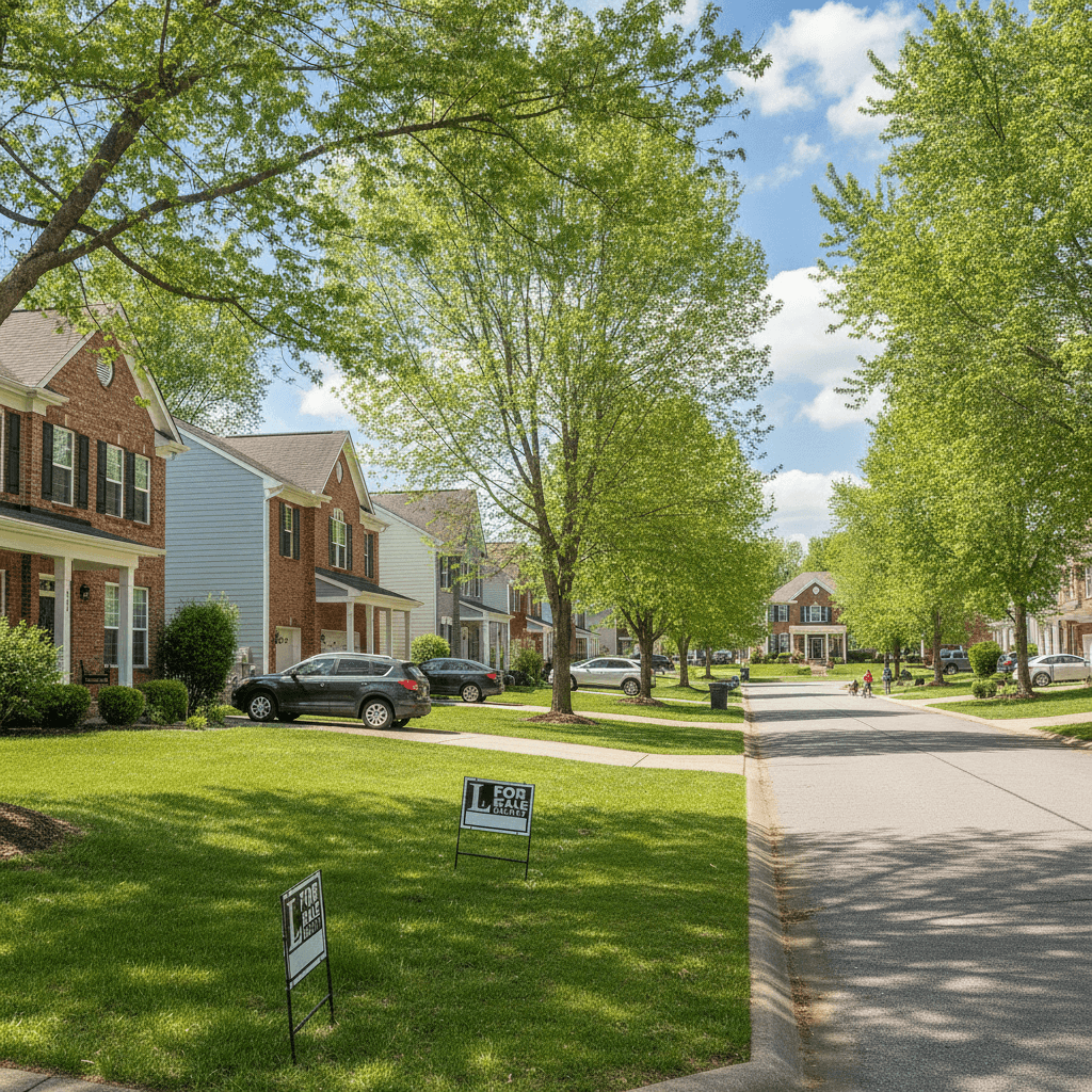 A modern residential street in Louisville, Kentucky, with a mix of brick and vinyl-sided homes, green lawns, and a fe…