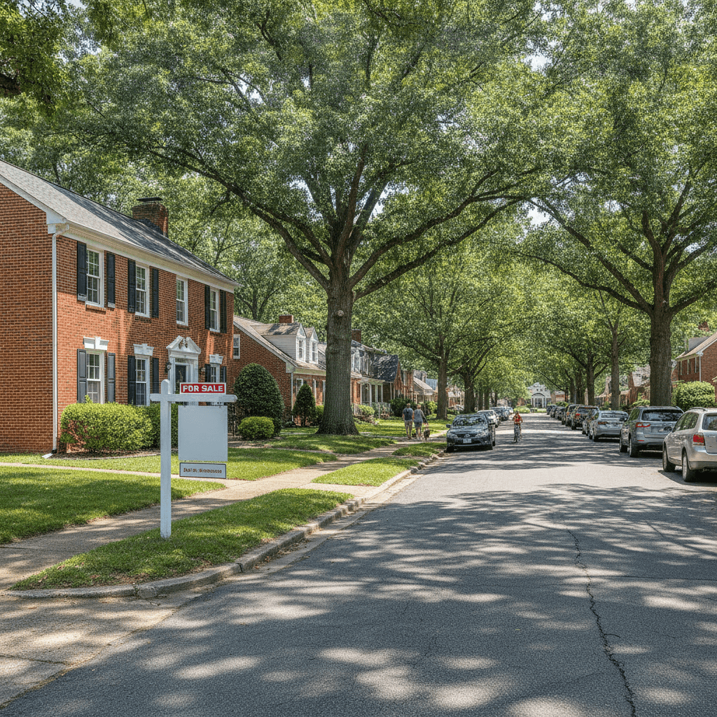 A realistic photo of a Louisville, Kentucky neighborhood with a 'For Sale' sign in front of a brick home, taken on a…