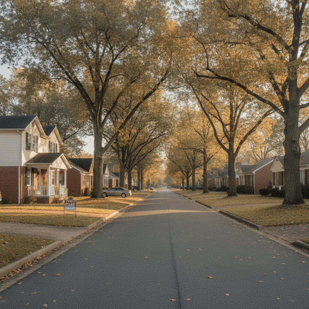 A realistic photo of a residential street in Louisville, Kentucky in early autumn, with modest single-family homes, m…
