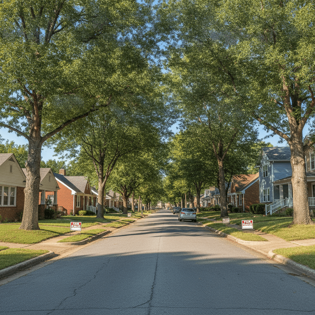 A realistic photo of a residential street in Memphis, Tennessee, with several 'For Sale' signs in front of houses, ta…