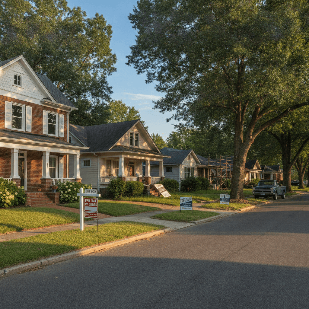A realistic photo of a residential street in Memphis, Tennessee, with a mix of well-maintained homes and a few for-sa…
