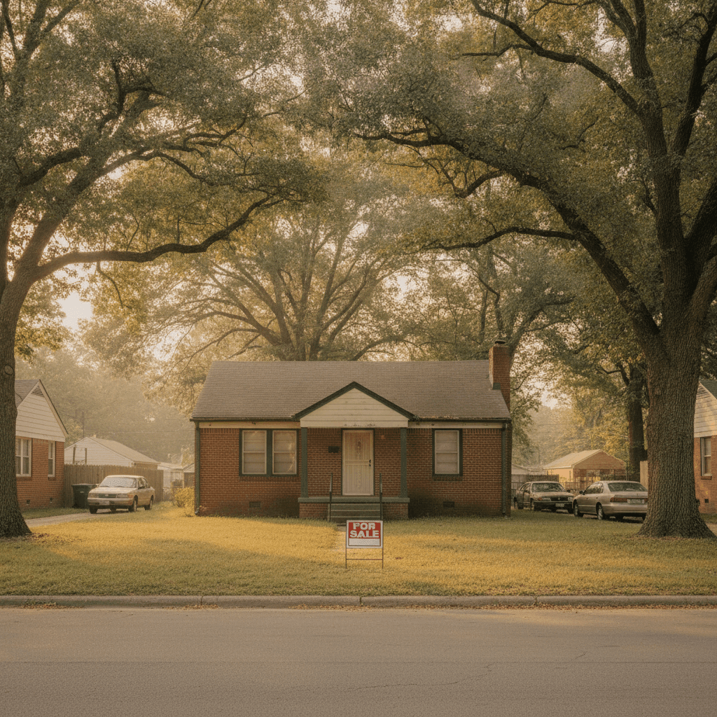A realistic photograph of a modest single-family home in a Memphis, Tennessee neighborhood on a warm late-summer afte…