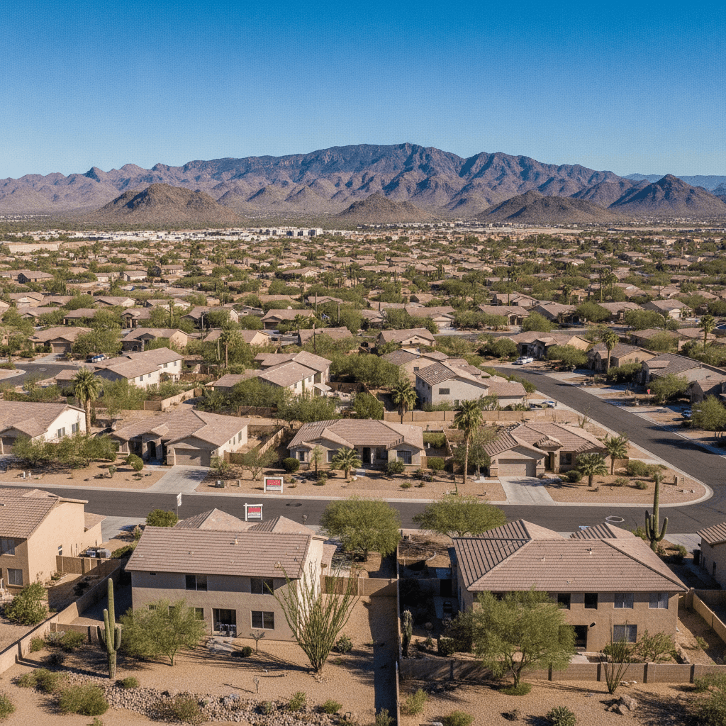 A wide-angle photo of a Phoenix suburban neighborhood with 'For Sale' signs in front of several homes, clear blue sky…