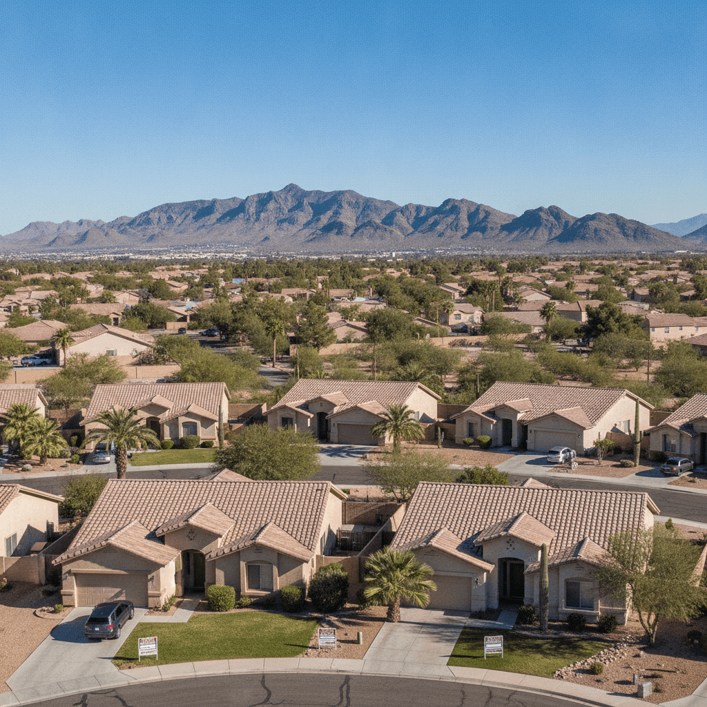A wide-angle photo of a typical Phoenix suburban neighborhood with 'For Sale' signs in multiple front yards, under a…