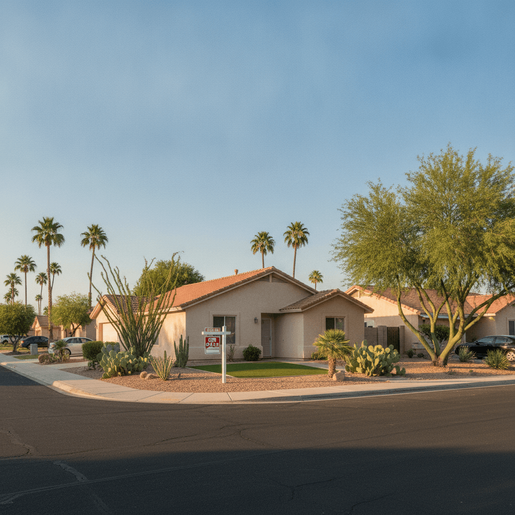 A realistic photo of a suburban Phoenix, Arizona street in late summer, with a 'For Sale' sign in the front yard of a…