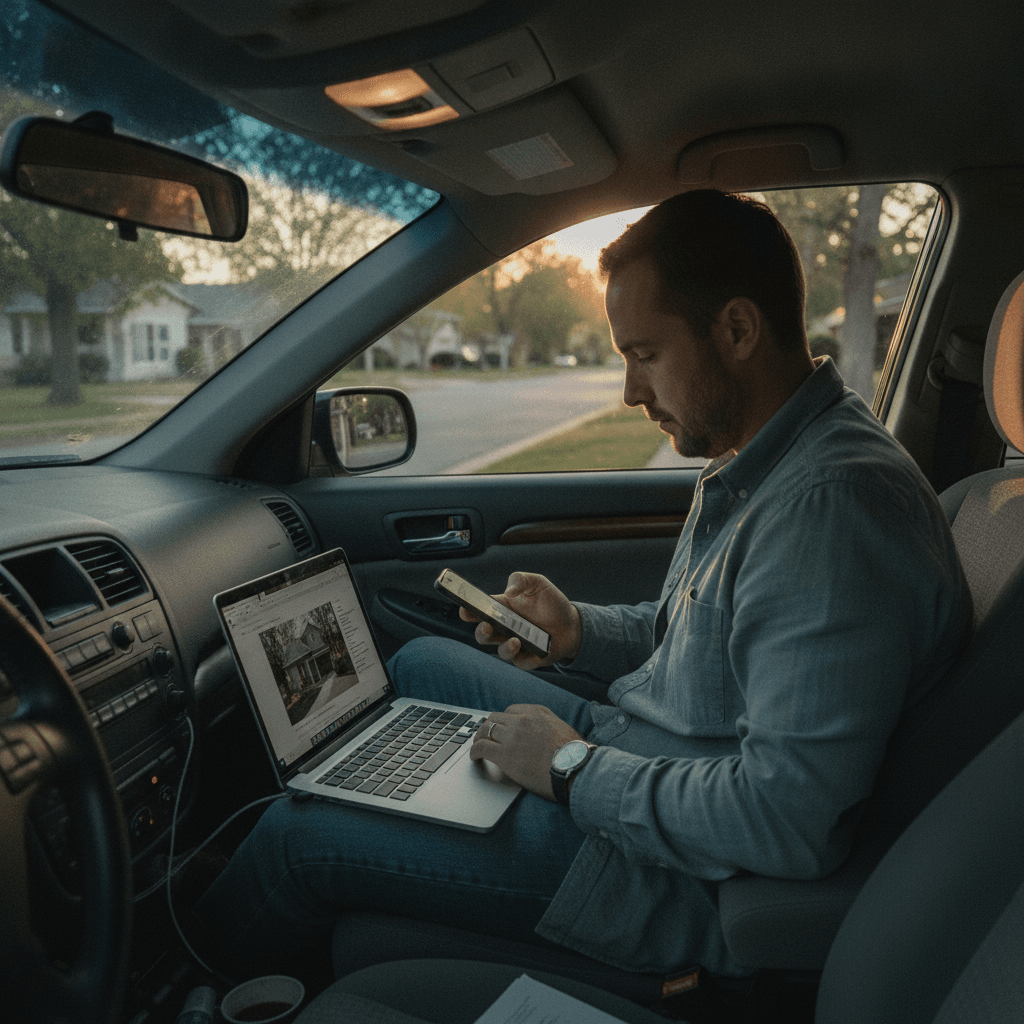 A real estate wholesaler sitting in a parked car on a residential street, laptop open on the passenger seat showing a…