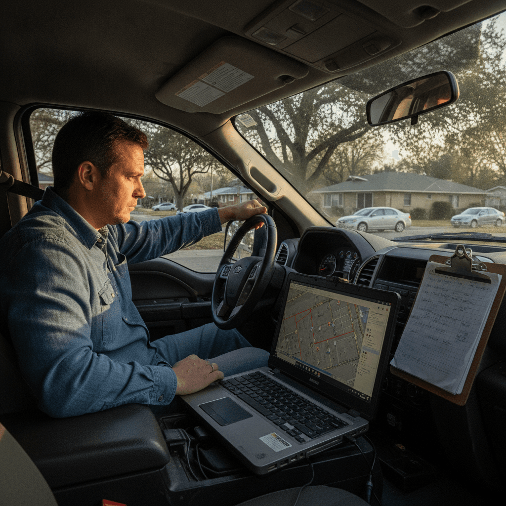 A real estate wholesaler sitting in a pickup truck parked on a suburban street, laptop open on the console showing a…
