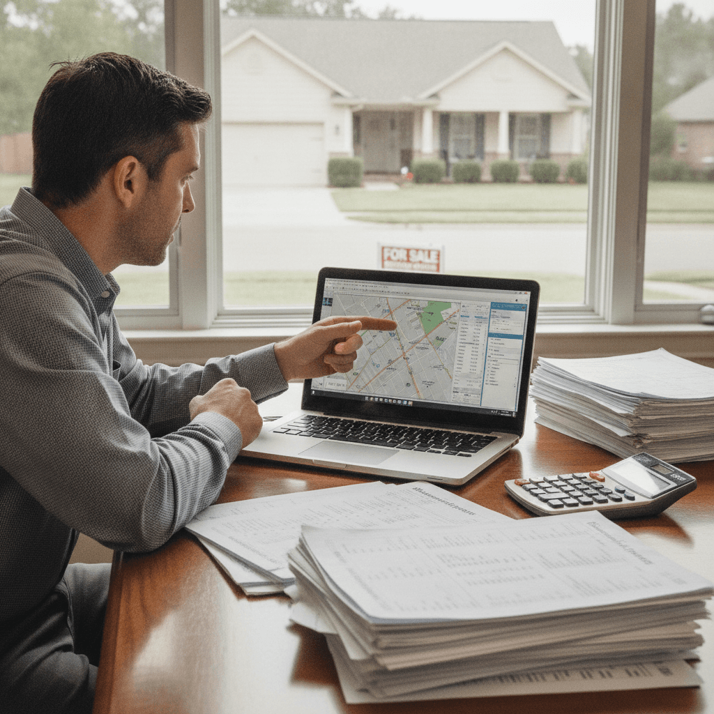 A real estate wholesaler at a desk with a laptop showing a property analysis, surrounded by printed comps reports and…