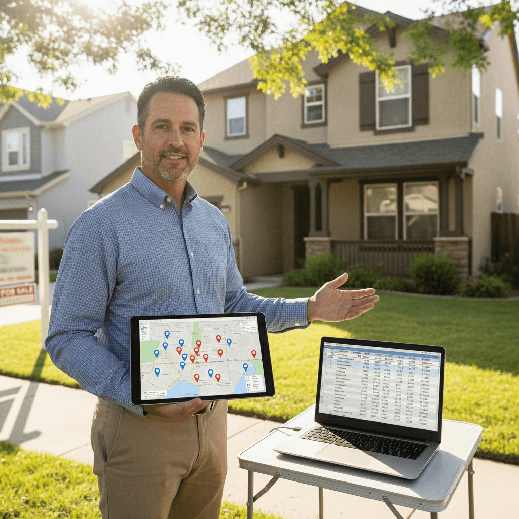 A real estate investor standing in front of a suburban house, holding a tablet showing a map with property pins, with…