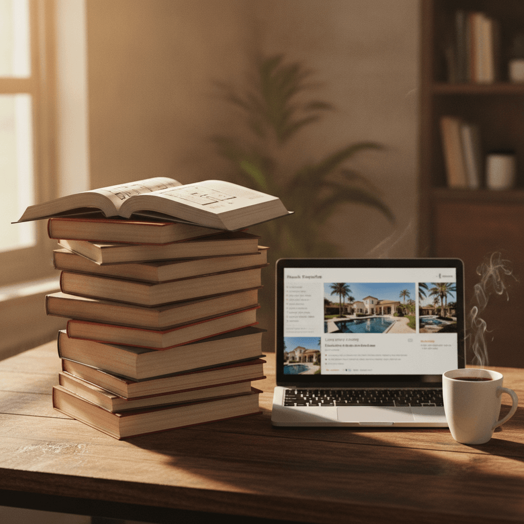 A realistic photo of a stack of real estate books on a wooden desk, with a laptop showing a property listing and a cu…