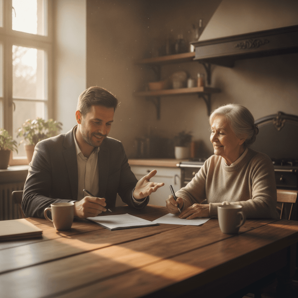 A real estate wholesaler and a property seller sitting at a kitchen table, signing a contract with a pen