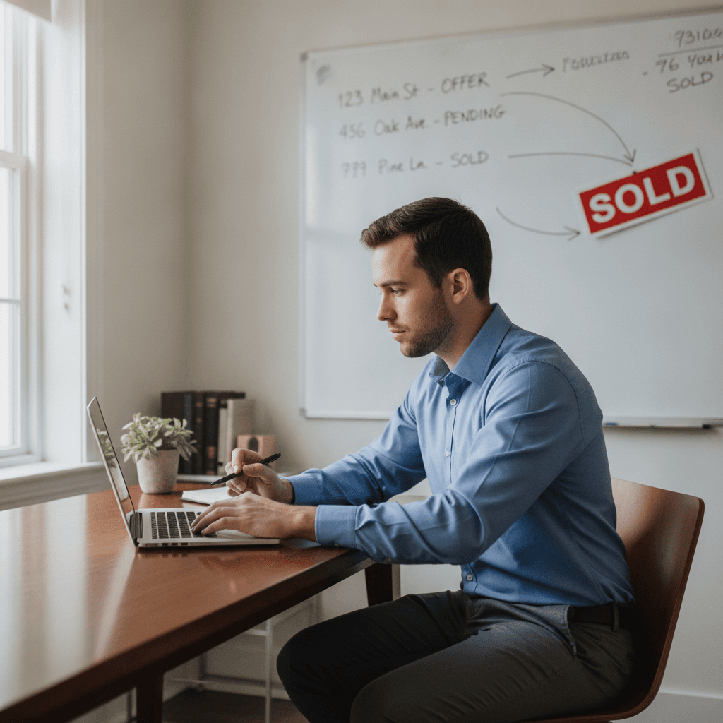 A real estate wholesaler sitting at a desk with a laptop, reviewing a contract document with a pen in hand