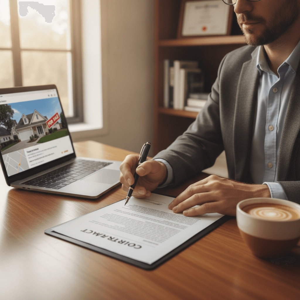 A real estate wholesaler sitting at a desk reviewing a contract with a pen in hand, a laptop showing a property listi…