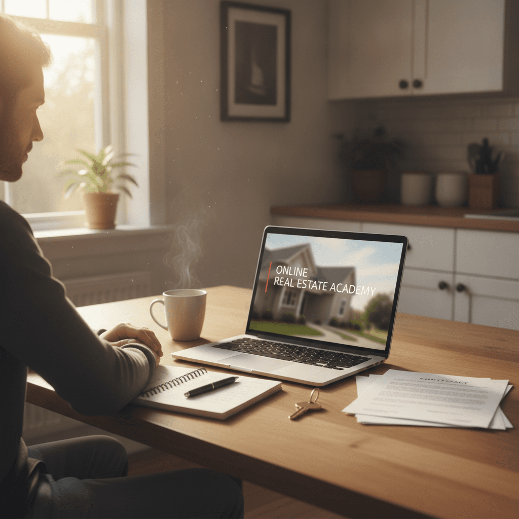 A realistic photo of a person sitting at a kitchen table with a laptop, a notebook, and a coffee mug, watching an onl…