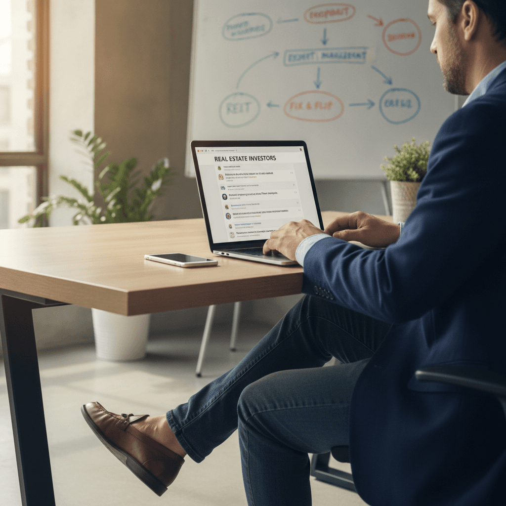 A realistic photo of a person in casual business attire sitting at a desk with a laptop, looking at a screen with a R…