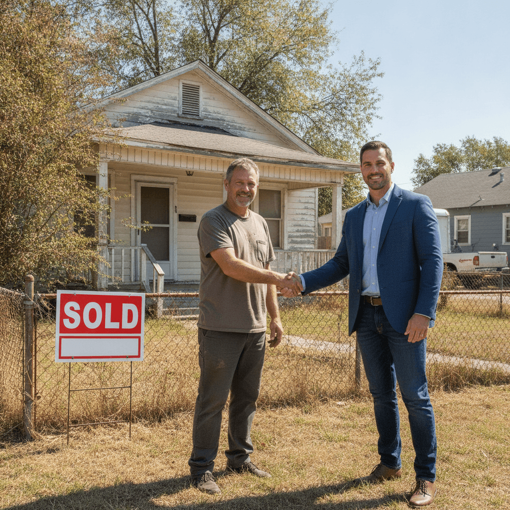 A confident real estate wholesaler in casual business attire shaking hands with a home seller in front of a distresse…