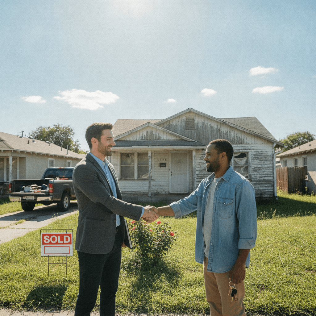 A person in casual business attire shaking hands with a homeowner in front of a distressed single-family house with a…