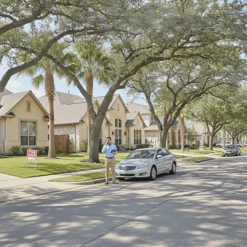 A modern residential street in San Antonio, Texas, with a mix of single-family homes and a few 'For Sale' signs in fr…