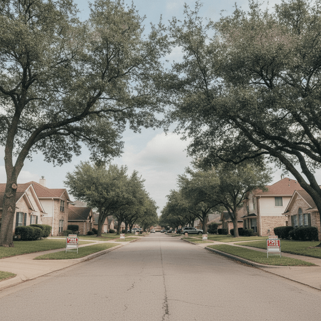 A wide-angle photo of a residential street in San Antonio, Texas, with several 'For Sale' signs in front of homes, cl…