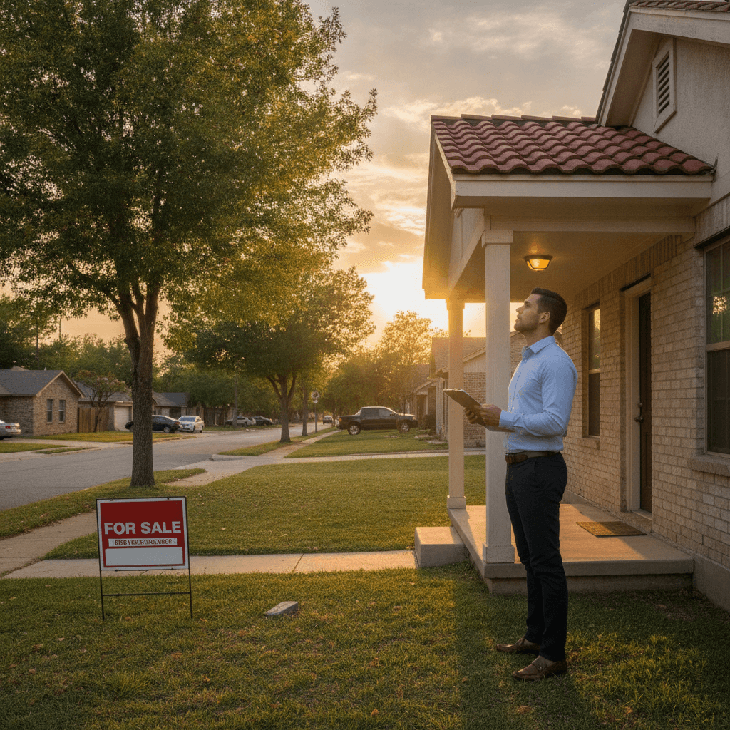 A real estate investor standing on the front porch of a modest single-story San Antonio home at golden hour, holding…