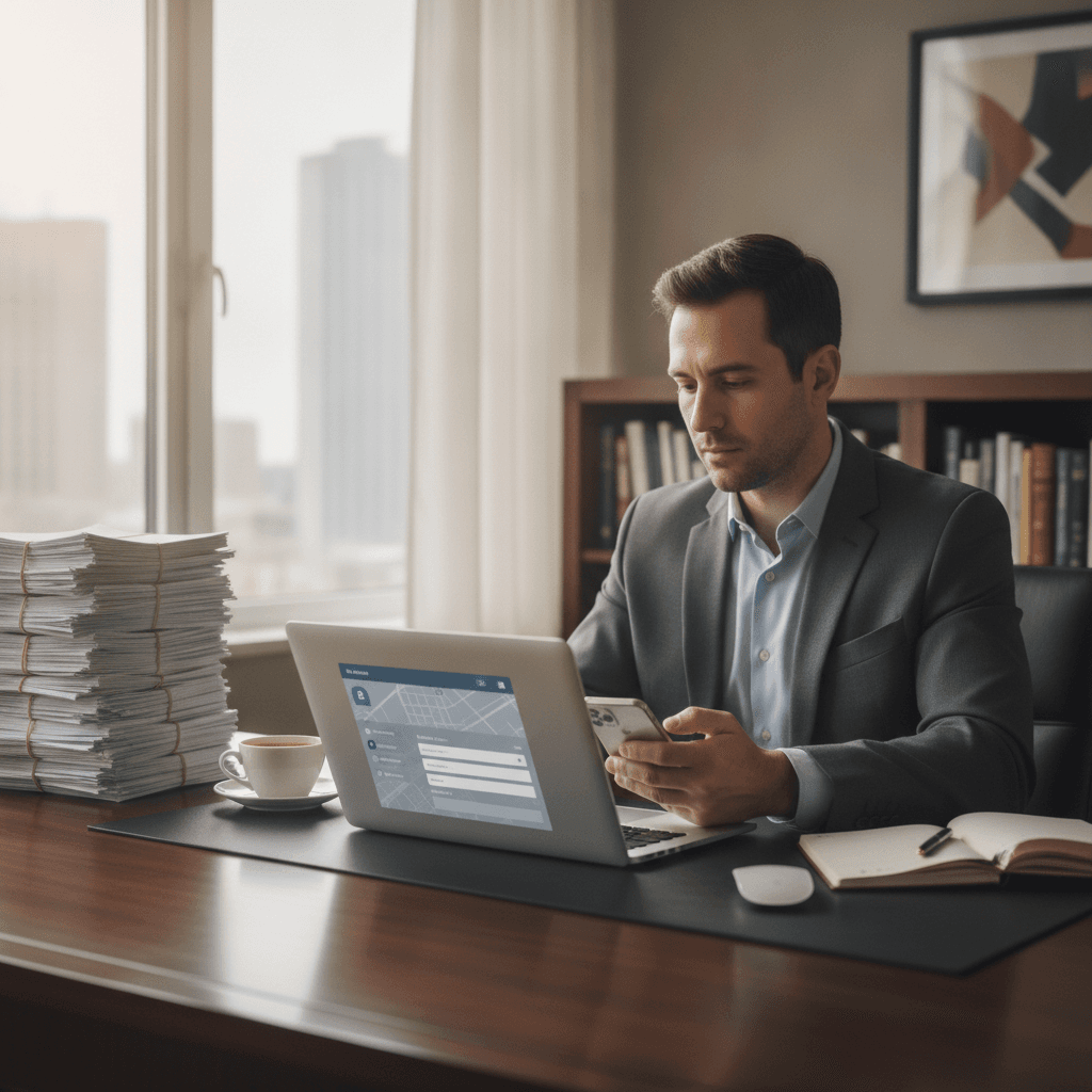 A real estate investor sitting at a desk with a laptop open to a skip tracing software dashboard, phone in hand, with…