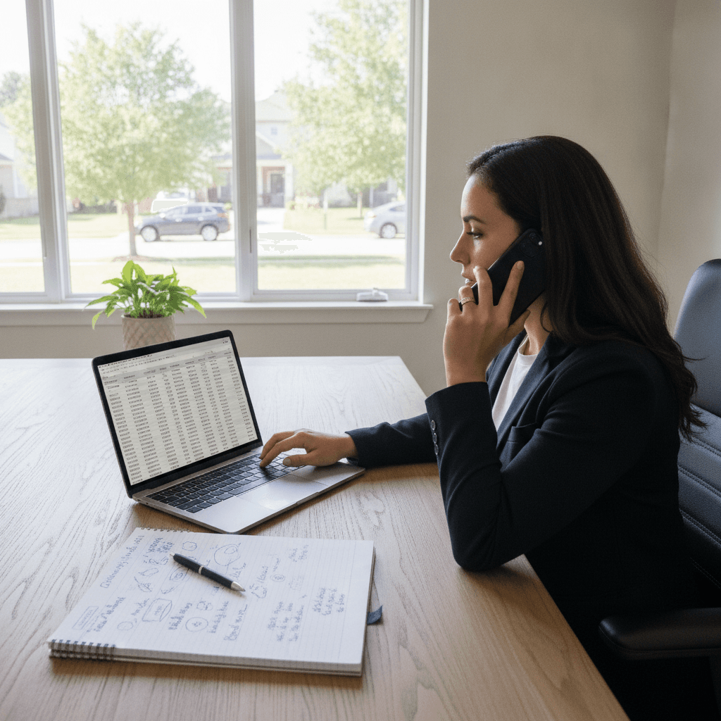 A real estate wholesaler sitting at a desk with a laptop showing a list of property addresses, a phone in hand, and a…