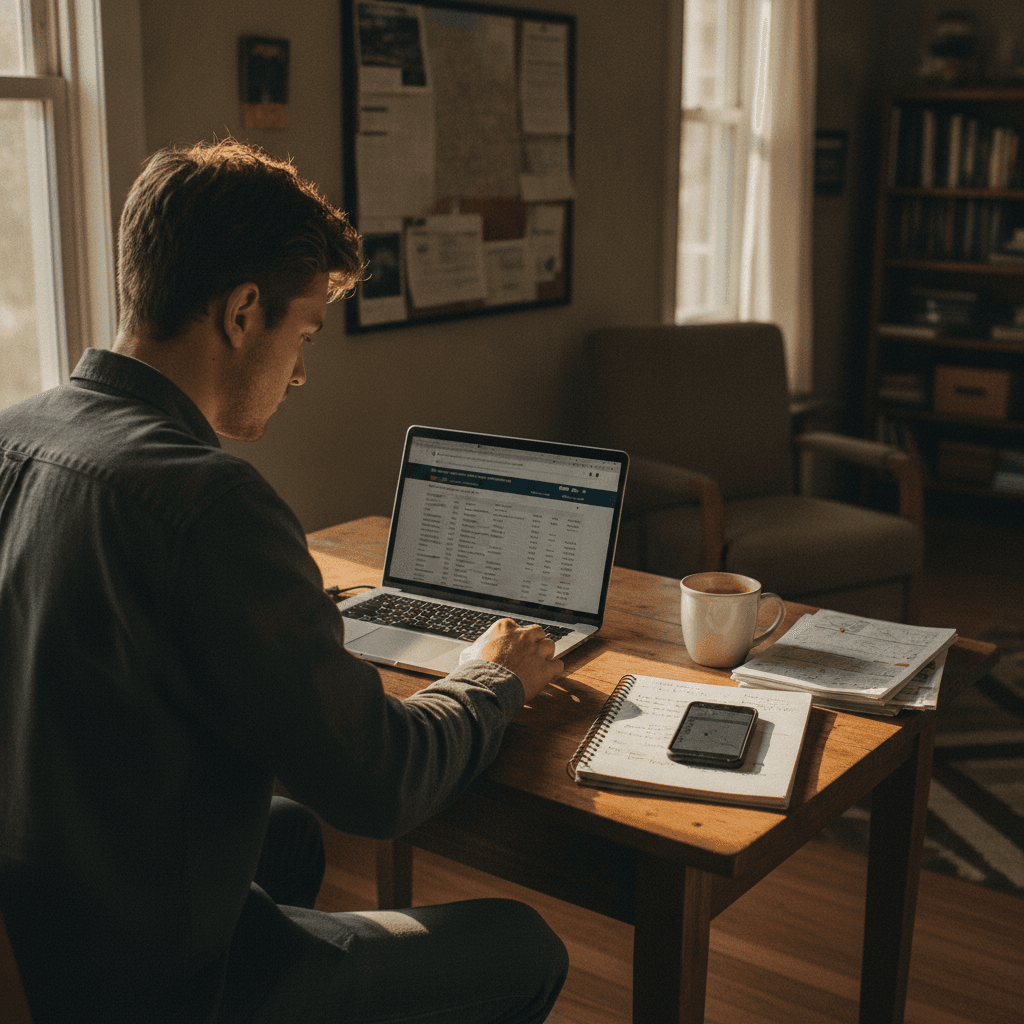 A realistic photo of a young real estate wholesaler sitting at a small kitchen table with a laptop, a notebook of han…