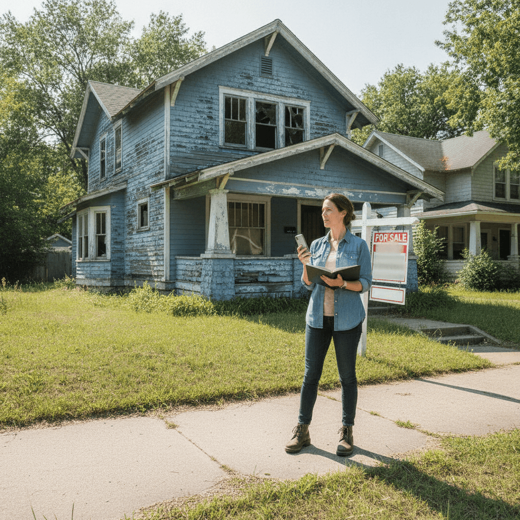 A realistic photo of a person in casual clothes standing in front of a distressed house with a 'For Sale' sign, holdi…