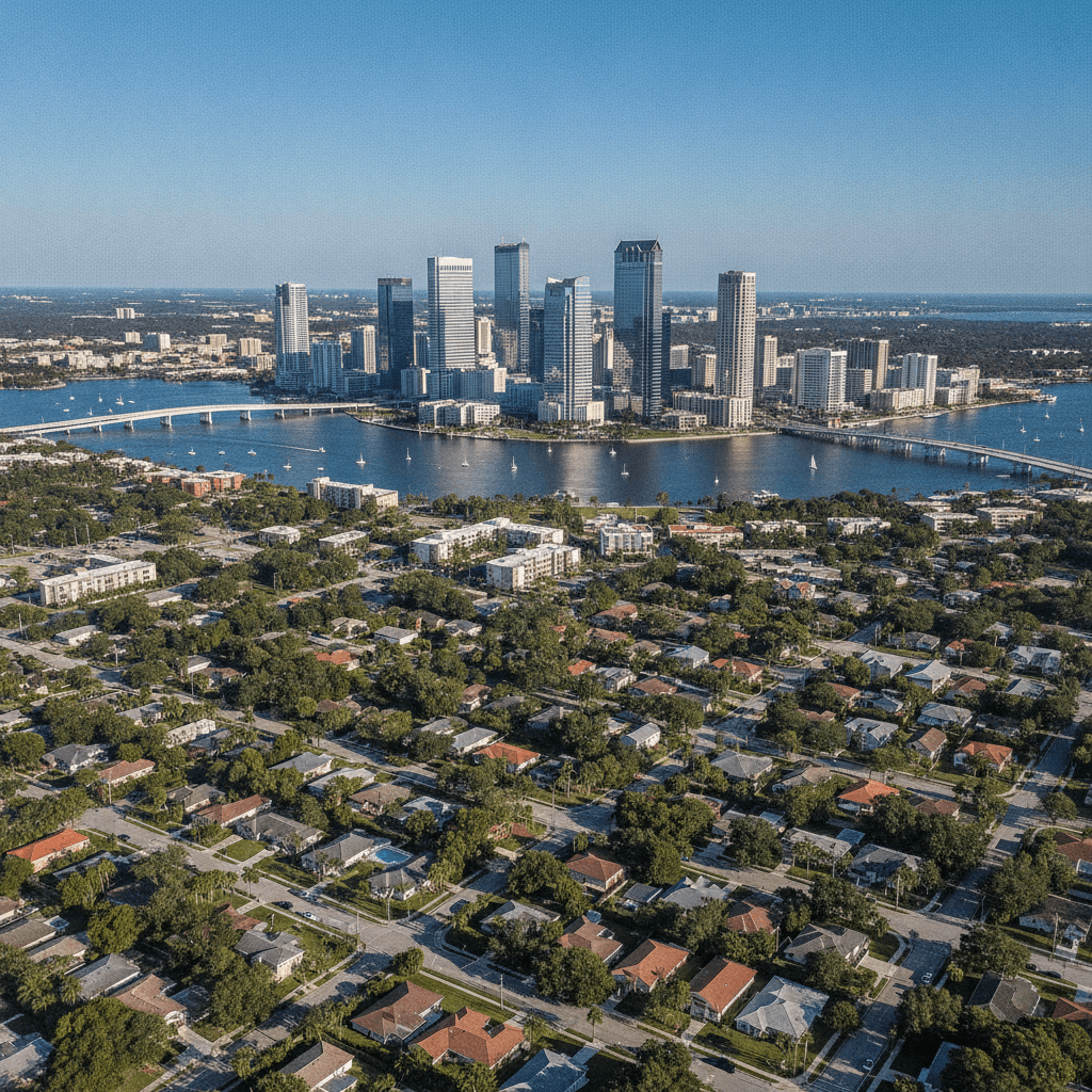 Aerial view of Tampa, Florida skyline with modern buildings and waterfront, bright sunny day, clear blue sky, residen…