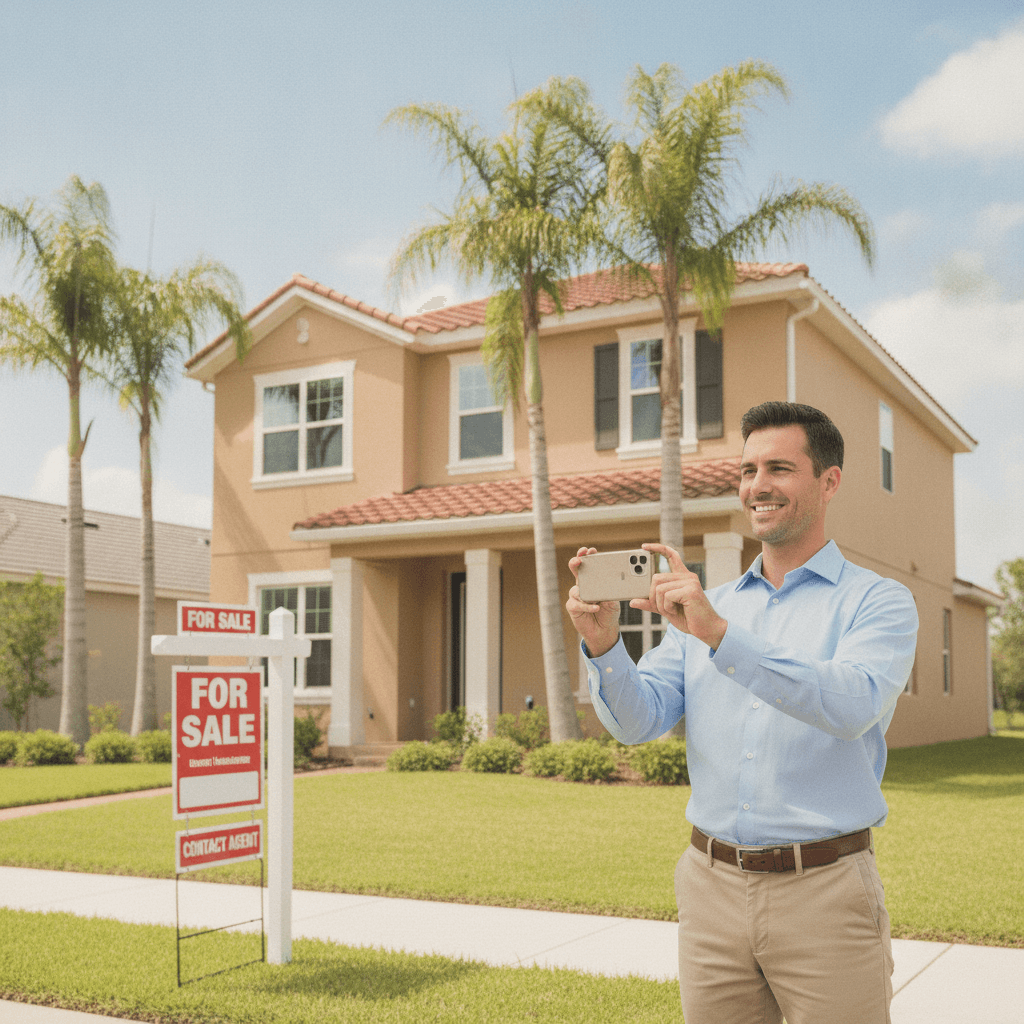 A real estate agent or wholesaler standing in front of a Tampa home with a 'For Sale' sign, holding a smartphone, wit…