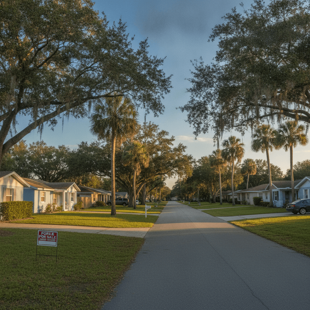 A realistic photo of a suburban Tampa, Florida street with single-family homes, palm trees, and a 'For Sale' sign in…