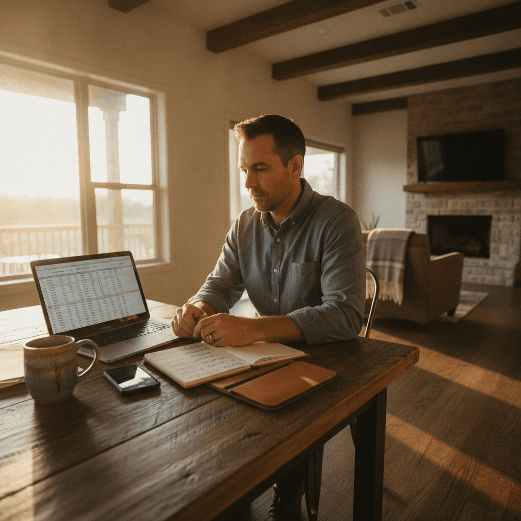 A real estate investor at a kitchen table in a Texas home, laptop open with a spreadsheet, a notepad with handwritten…