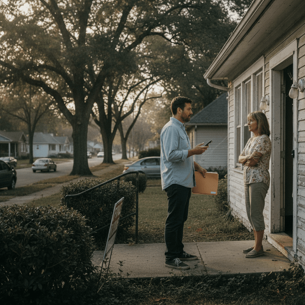 A realistic documentary-style photo of a real estate wholesaler — a person in a casual button-down shirt holding a fo…