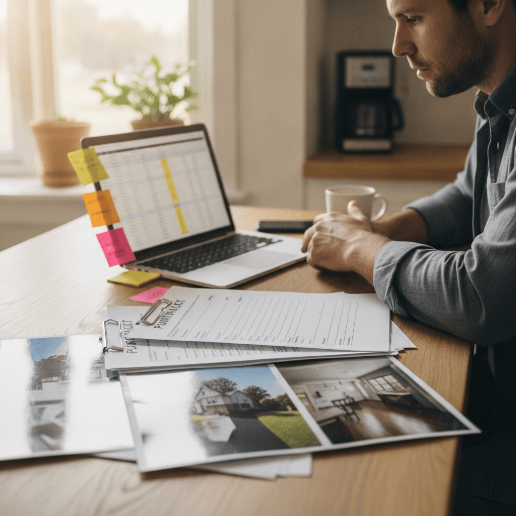 A real estate investor at a kitchen table reviewing a printed purchase contract and property photos, laptop open with…