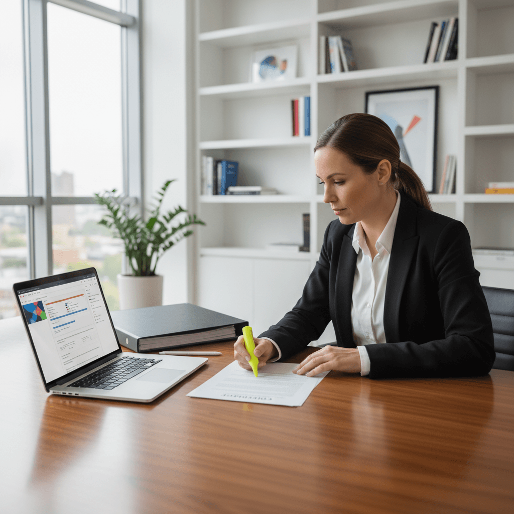 A real estate wholesaler sitting at a wooden desk, reviewing a contract with a highlighter in hand