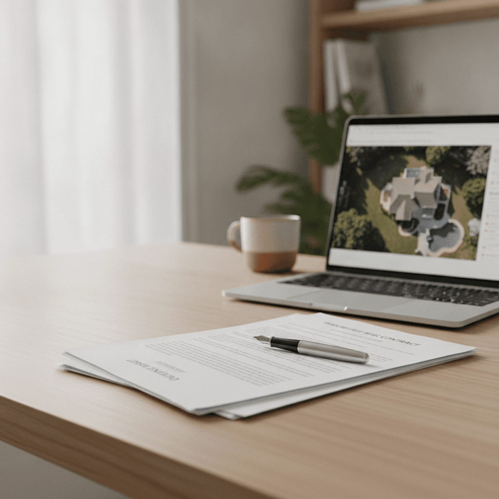 A clean, professional desk scene with a printed wholesale real estate contract, a pen, and a laptop showing a propert…