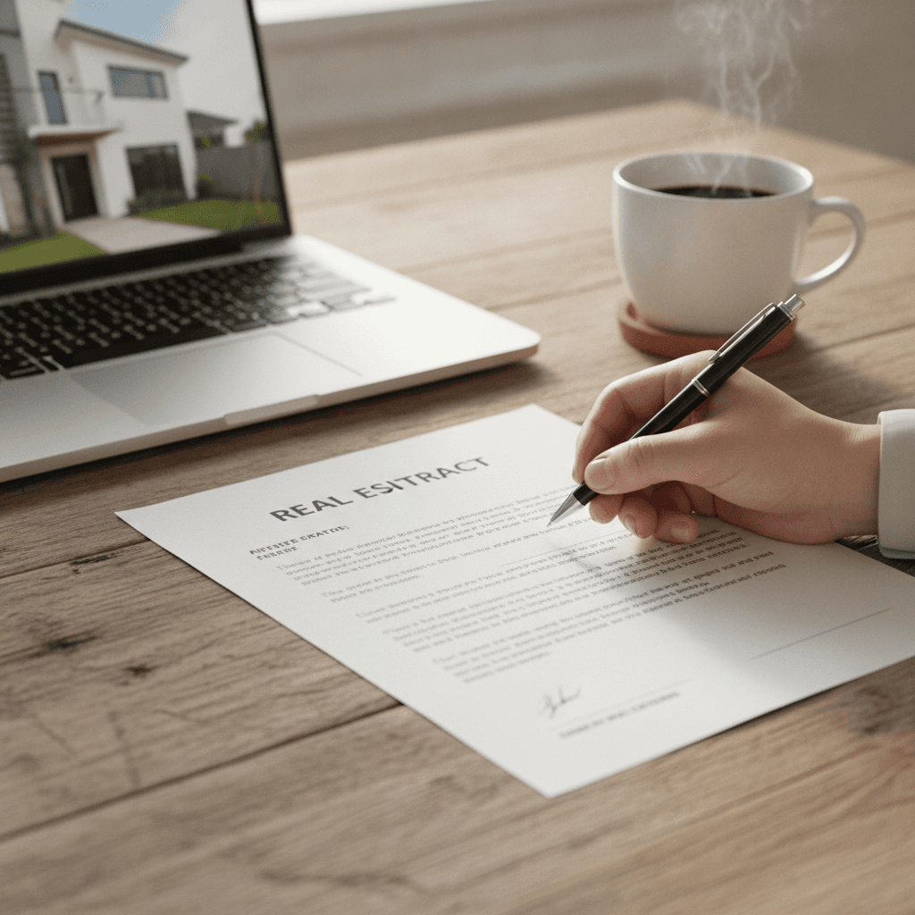 A close-up of a hand signing a real estate contract on a wooden desk, with a laptop showing a property listing and a…