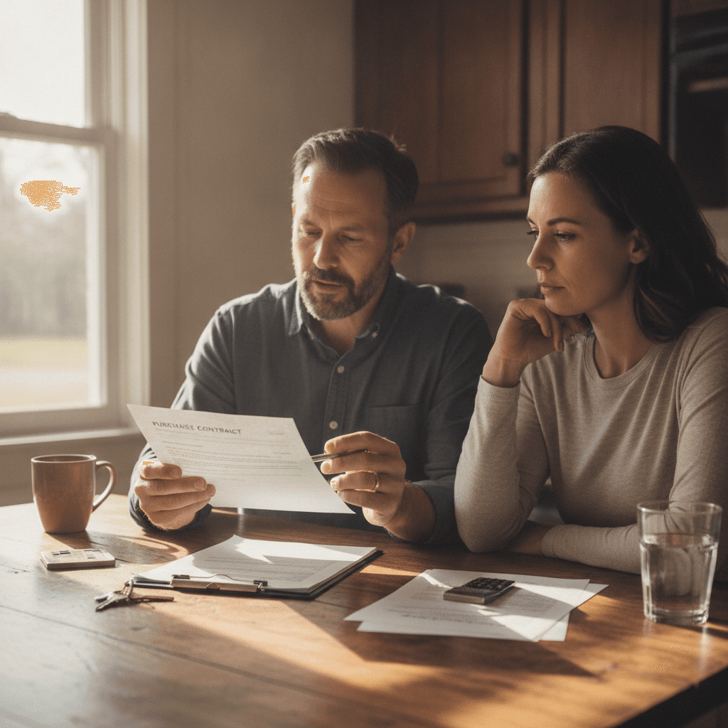 A real estate investor and a homeowner sitting across a kitchen table reviewing a printed purchase contract, pen in h…