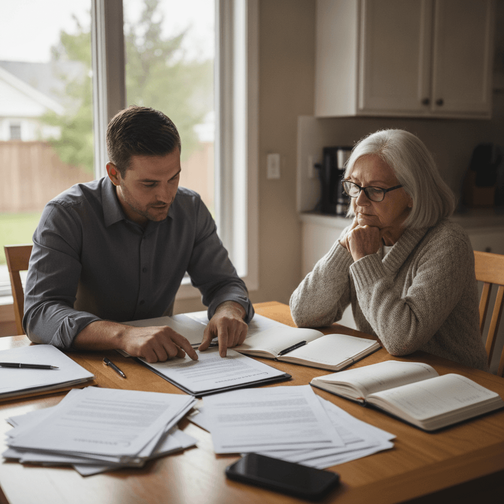A realistic photo of a real estate wholesaler sitting at a kitchen table with a motivated seller, both reviewing a co…