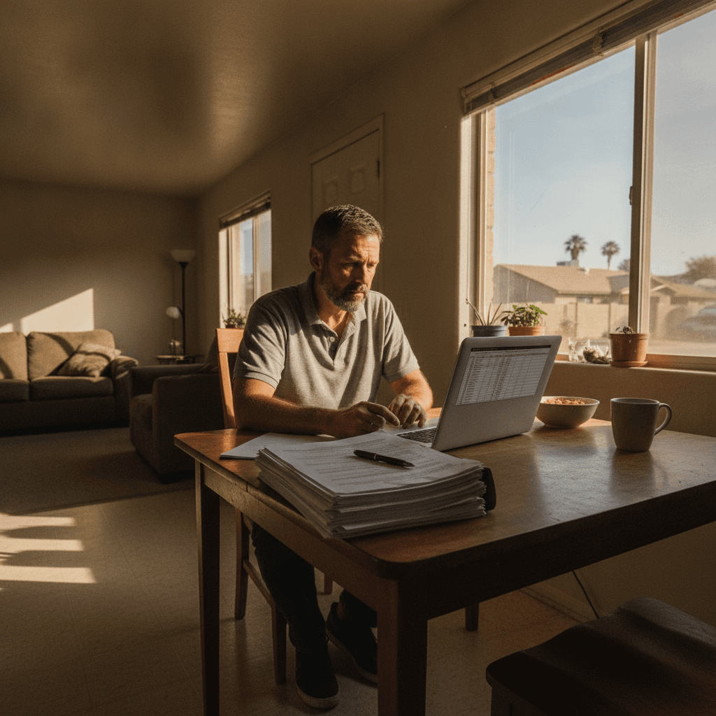 A real estate investor sitting at a kitchen table in a modest Arizona home, laptop open with a spreadsheet, a stack o…