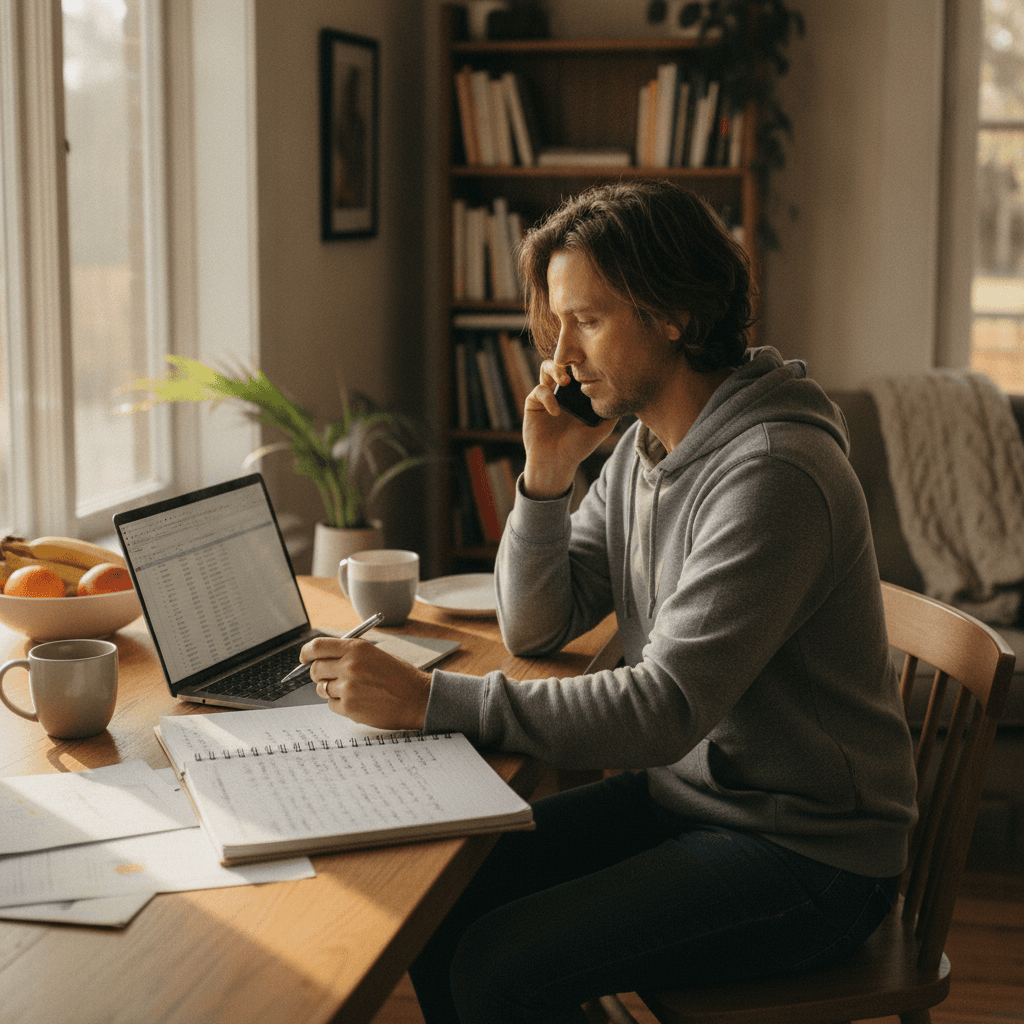 A realistic photo of a person in casual clothes sitting at a kitchen table with a laptop, a notebook full of handwrit…