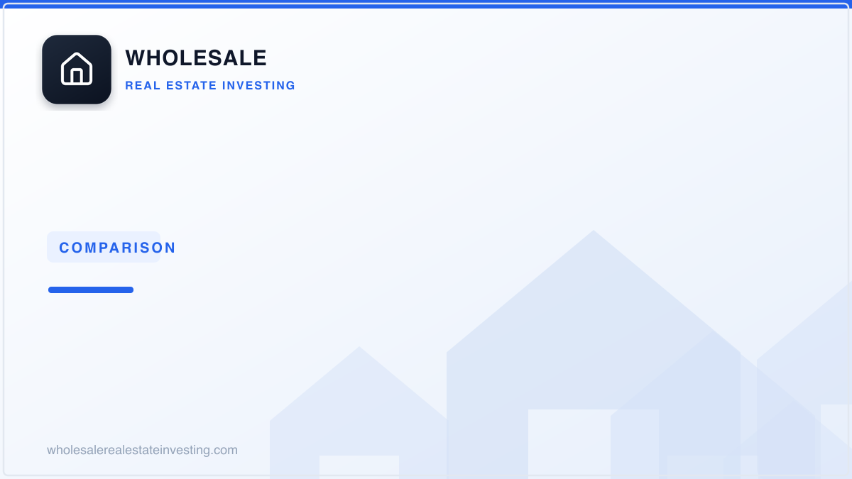 A real estate wholesaler sitting at a desk with a laptop open to a skip tracing dashboard, a cup of coffee nearby, an…