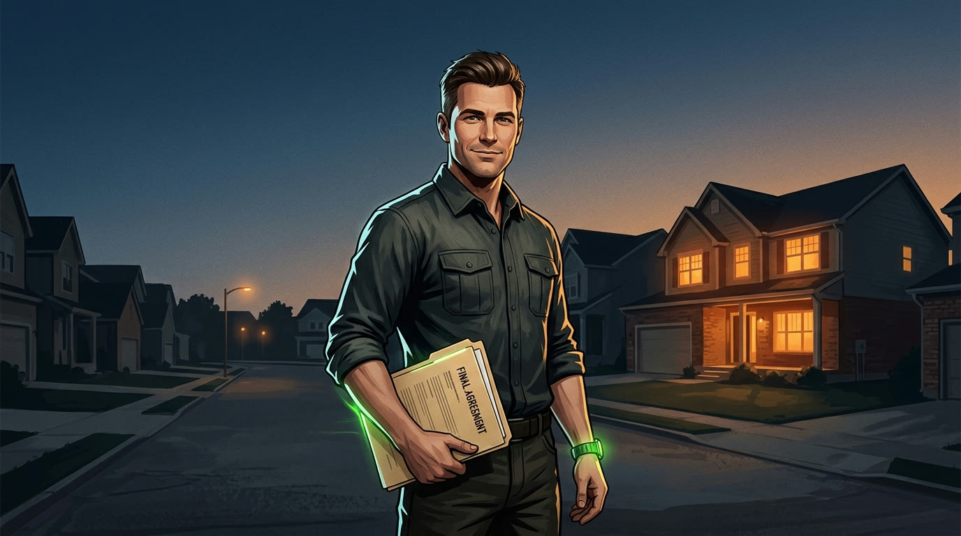 CLOSER — a wholesaler stands with a signed agreement outside a home at dusk